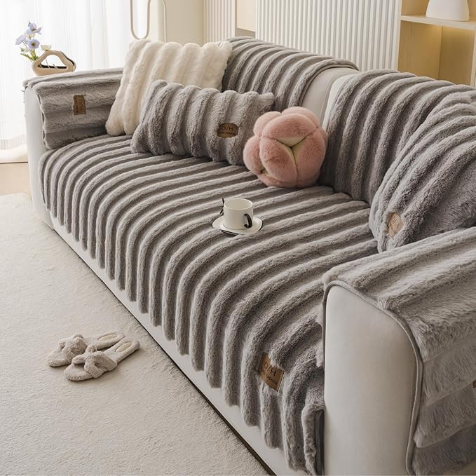 Fuzzy Rabbit Plush Sofa Cover Thick Soft Fur Sectional Couch Cover Furry Fluffy Cushion Cover Non-Slip Sofa Slipcovers Vertical Stripe Furniture Protector for Dogs Cats(Light Grey,36"x36")