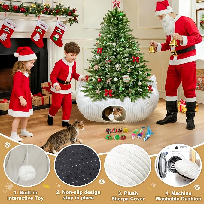OurWarm Large Cat Tunnels for Indoor Cats– Plush Cat Donut Tunnel, White Cat Bed Tunnel for Under Christmas Tree, Multifunctional Playground Toys Hideplace for Kittens, Rabbit, Ferret (39.37in Dia)