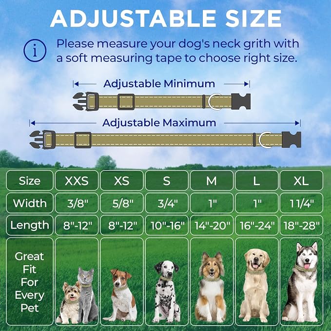 TECEUM Reflective Dog Collar – Olive – XS – Extra Soft Padding – Basic Nylon Pet Collar – Quick Release Buckle – Fits Small, Medium and Large Dogs, Puppies, Cats – ESA & Service Dog Options