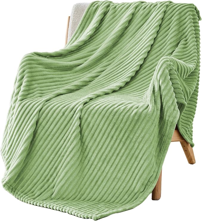 Bnuitland Fleece Throw Blanket, 300GSM Soft Warm Cozy Fluffy Throw for Babys & Pets, Stripe Pattern, All Season Sofa Bed Blanket for Home Decor, Light Green 50"x60"