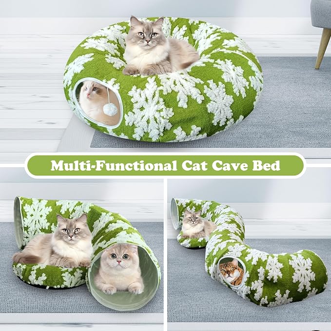 Cat Tunnels for Indoor Cats, Cute Cat Donut Tunnel with Washable Circle Cushion, Under Christmas Tree Soft Plush Peekaboo Cat Cave Toy for Kitten, Puppy, Rabbit (Green)