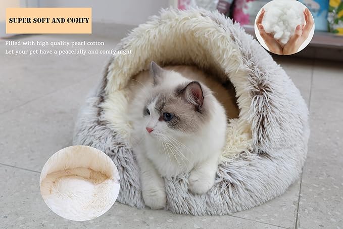 ZaneSun Calming Round Dog Beds &Cat Cave Bed with Hooded Cover,Plush Fluffy Dog Bed Anti-Anxiety Cat Cave Bed,Waterproof Bottom Washable (Coffee, 25.6X 25.6inch)