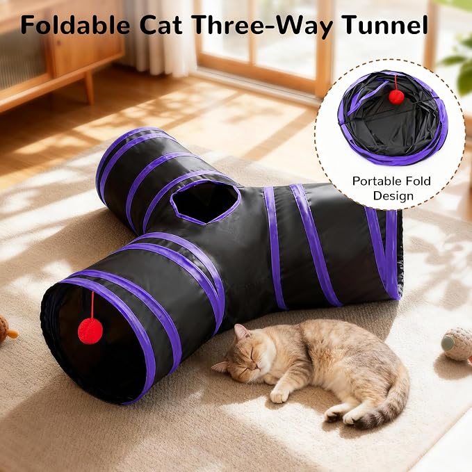 Tempcore Cat Tunnel for Indoor Cats, 3 Way Collapsible Pet Play Tunnel with Teaser Wand, Peek Holes & Hanging Ball, Interactive Tube for Kittens & Rabbits, Black & Purple