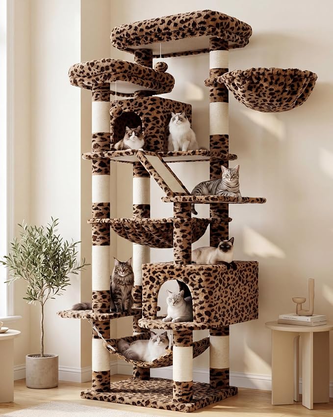 Heybly Cat Tree, 71-Inch-Tall Tower for Indoor Cats with 2 Perches, 2 Big Condos, 2 Hammocks, Basket, Scratching Pad, Large Cat Furniture and Condo, Leopard Print HCT034BW