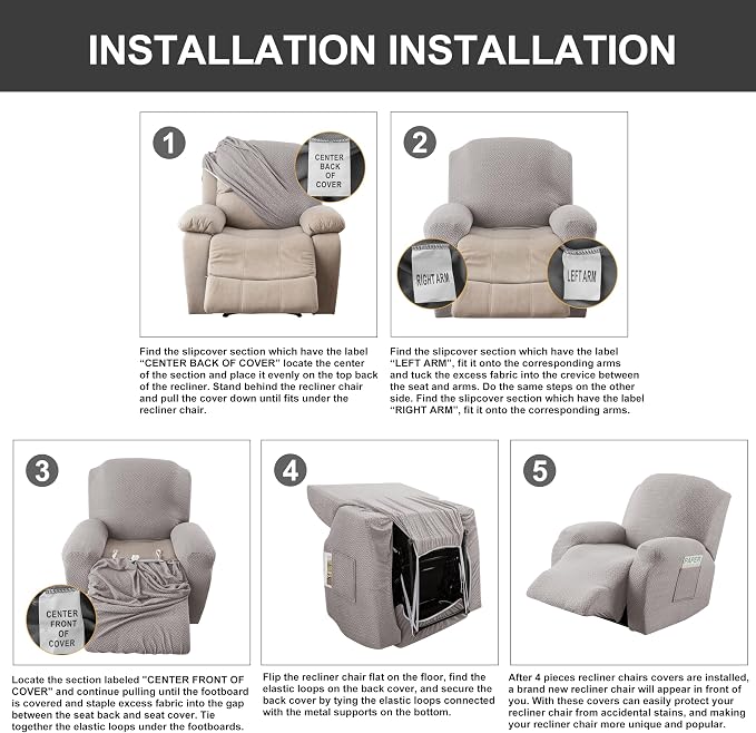 Genina Recliner Chair Covers, Stretch Reclining Chair Cover, Recliner Sofa Slipcovers Stripe Jacquard Lazy Couch Covers Furniture Protector Covers for Pet Kid (Light Grey, 1 Seat)