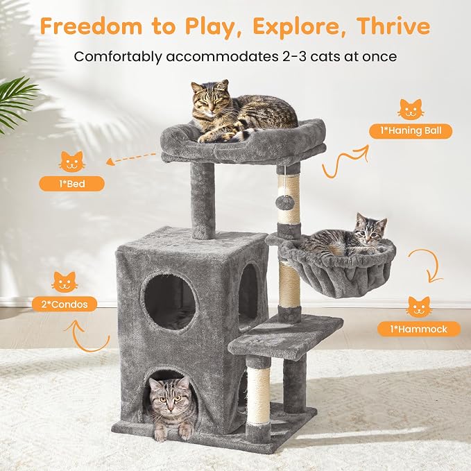 Multi-Level Cat Tree Tower for Large Cats with Scratching Posts, Condos, Perch, Hammocks & Toys, Cat Jungle Gym for Indoor Cats, Ideal for Multi-Cat Households, Gray