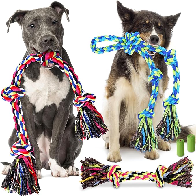 Forfon Tough & Strong Dog Toy for Aggressive Chewers – Tough Chew Toys for Large Dogs, Ideal for Tug-of-War & Teeth Cleaning, with 3 Rope Toys & 2 Dog Bags
