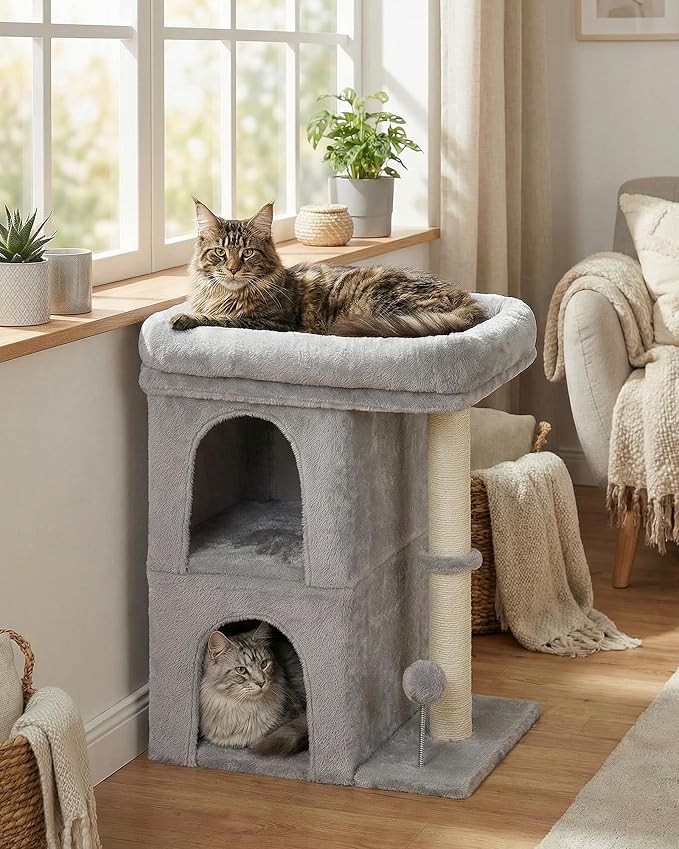 Aechonow Cat Tree for Large Cat, 19x16.5In Large Cat Perch, Adult Cat Tower for Indoor Cats with 24In Long Scratching Post, 2 Cozy Cat Condo House for Adult & Fat Cats, Light Gray