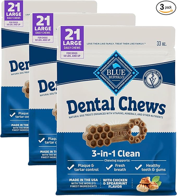 Blue Buffalo Dental Chews Large Natural Dog Treats, Chicken & Spearmint 33-oz Bag (63 Count)