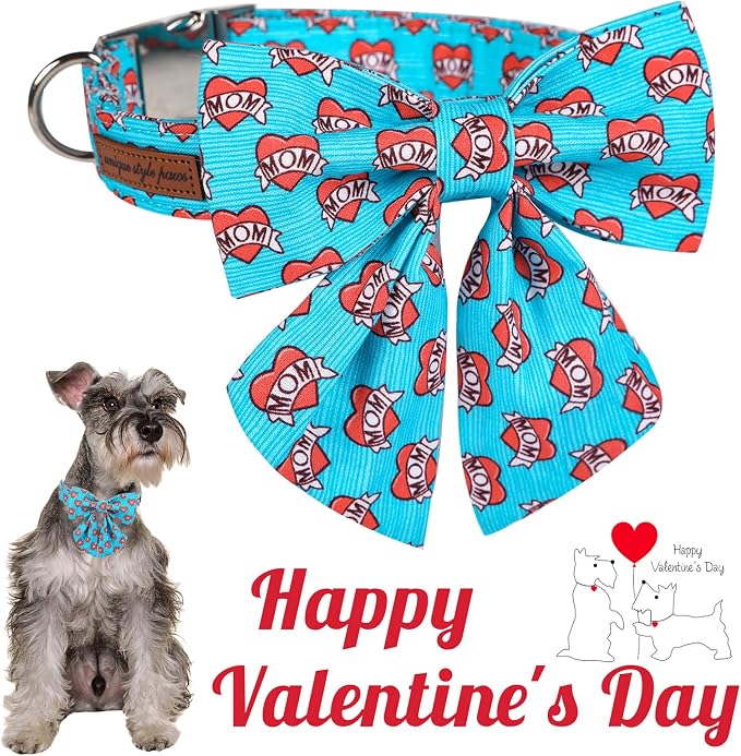 Unique style paws Valentine's Day Dog Collar with Tie Blue Heart Puppy Collar Best Gift for Small Medium Large Boys Girls-L