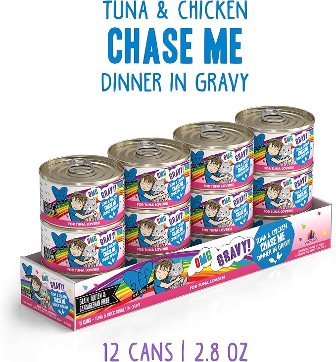 Weruva B.F.F. OMG - Best Feline Friend Oh My Gravy!, Tuna & Chicken Chase Me with Tuna & Chicken, 2.8oz Can (Pack of 12)