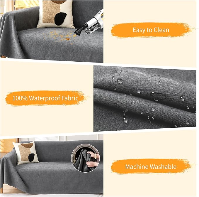 Deep Dream Cat-Scratch Resistant Couch Cover, Waterproof Sofa Cover for 3 Cushion Couch Washable, Pet Friendly Couch Protectors Anti Slip Thickened Sofa Slipcovers for Pets, 91" x 134", Dark Grey