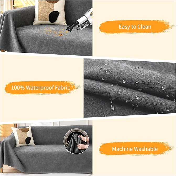 Deep Dream Cat-Scratch Resistant Couch Cover, Waterproof Sofa Cover for 3 Cushion Couch Washable, Pet Friendly Couch Protectors Anti Slip Thickened Sofa Slipcovers for Dogs Pets, 71" x 134",Dark Grey