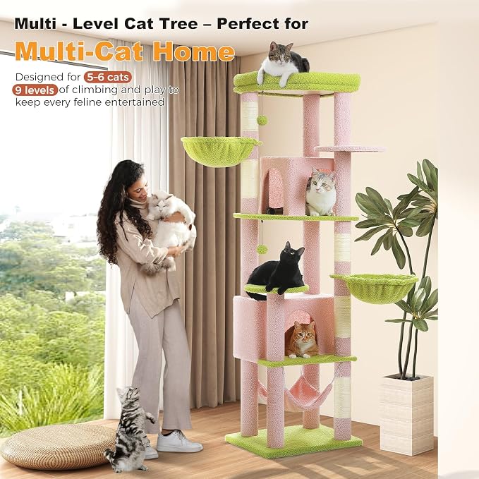 MUTTROS 71.2" Large Cat Tree for Multi-Cat Households - Heavy-Duty 9-Level Cat Tower w/5 Sisal Scratching Posts, 2 Condos, 3 Hammocks, Extra-Large Perch & Pompoms - Space-Saving, Pink