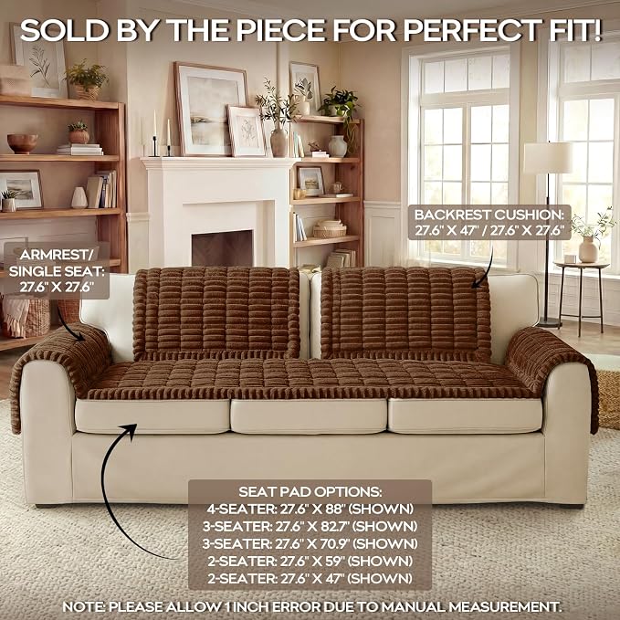 decorUhome Non-Slip Fuzzy Couch Cover for Dogs, Soft Thick Washable Pet-Friendly Protector, Sofa Slipcover for 3 Cushion Couch Sofa, Brown, 27.6" x 82.7"
