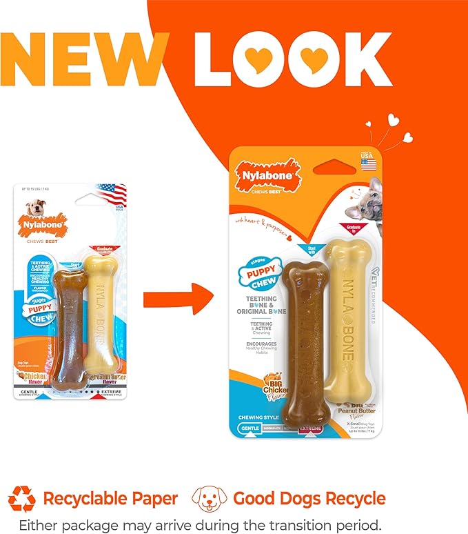 Nylabone New Puppy Power Chew Stages, Soothing Puppy Teething Toys, Chew Bones for Puppies, Long Lasting Peanut Butter & Chicken Flavor, For X-Small Dogs - Up to 15 lbs., 2 Pack