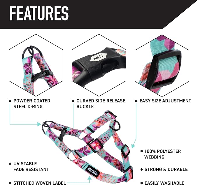 Wolfgang Heavy Duty Adjustable Dog Harness, Pull-Tested to Over 800 lbs for Walking & Training, DigiFloral Print, Large