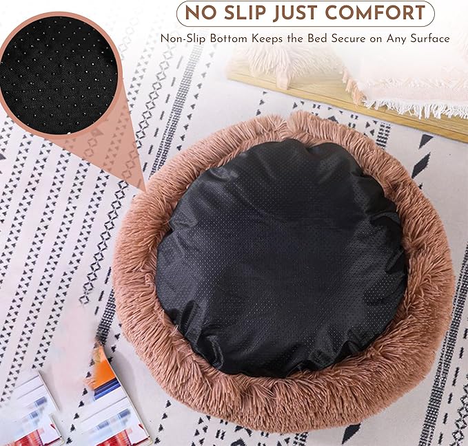 Calming Plush Dog Bed, Hooded Cave Style, PP Cotton Filling, for Small and Medium Pets (Brown, Small)