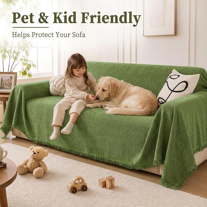 hyha Couch Cover for Dogs, Boho Sofa Covers for 3 Cushion Couch Washable, Chenille Sofa Slipcover for Pets, Soft Loveseat Sectional Couch Throw Blankets with Tassels (Green, 88.5x150 Inch)