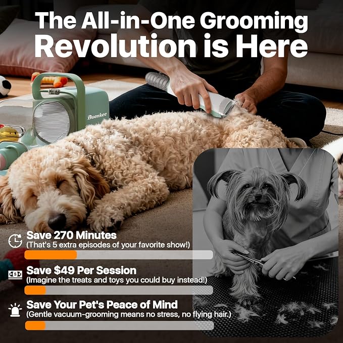 buenkee Dog Grooming Kit with Vacuum, 15000Pa Pet Hair Clipper and Shedding Brush, 50dB Low Noise, 2L Capacity, Green