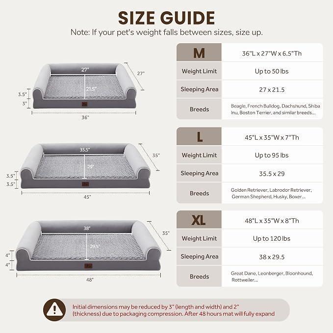Large Dog Beds Large Sized Dogs 48x35x8 Inch, Orthopedic XXL XL Dog Bed for Medium Size Dogs, Big Waterproof Couch Sofa with Removable Washable Cover for Pet, Light Grey