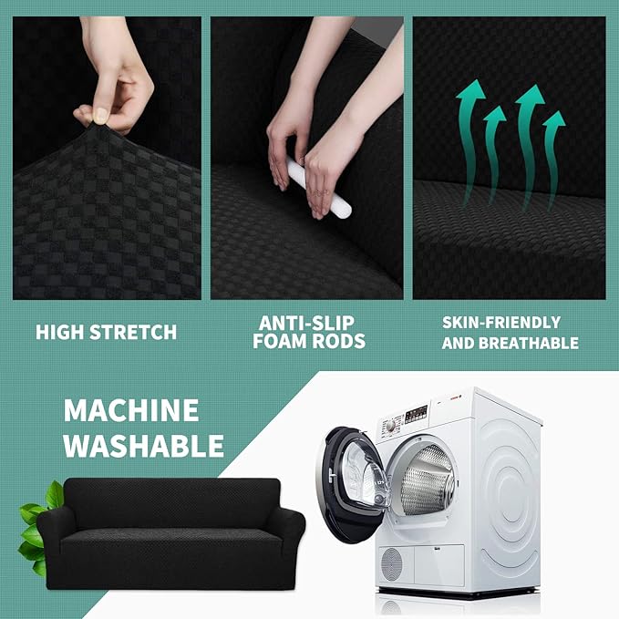 YEMYHOM Couch Cover Latest Jacquard Design High Stretch Sofa Covers for 3 Cushion Couch, Pet Dog Cat Proof Slipcover Non Slip Magic Elastic Furniture Protector (Sofa, Black)