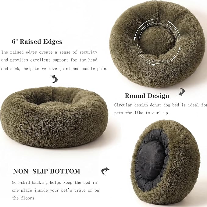 Calming Donut Dogs Beds for Small Dogs Washable,23inch Plush Round Pet Bed for Cozy Sleep,Fluffy Faux Fur Large Cat Bed,Fits up to 25 lbs Pets,Army Green