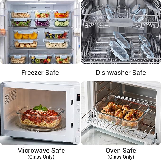 Dealusy 10 Sets (20-Piece) 4.5 Cup & 1.5 Cup Glass Food Storage Containers with lids, Airtight Leak-proof Glass Meal Prep Containers with Lids, Microwave Oven Freezer Dishwasher Safe, Blue