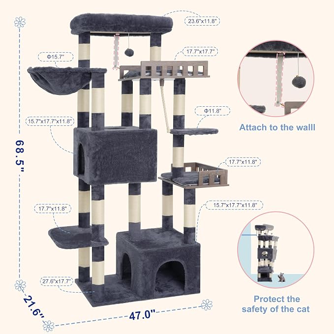 Gitelsnour Maine Coon Cat Tree, Heavy Duty Cat Tree for Indoor Cats Large Adult, Cat Tower for Large Cats 20 lbs+ with Hammock, 2 Big Perches, 2 Cat Condos, 15 Scratching Posts, Smoky Gray GCT033G
