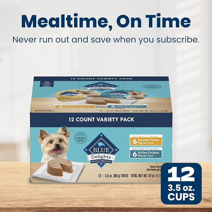 Blue Buffalo Delights Variety Pack Natural Grain Free Wet Dog Food for Small Breed Dogs (Roasted Turkey Flavor Paté and Grilled Chicken Flavor Paté) with Natural Ingredients, 3.5-oz. Each (12 Cups)