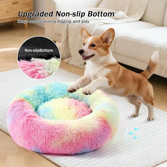 NOYAL Calming Donut Dog Bed for Small to Medium Dogs & Cats - Plush Faux Fur Anti-Anxiety Pet Bed with Machine Washable Cover & Non-Slip Base