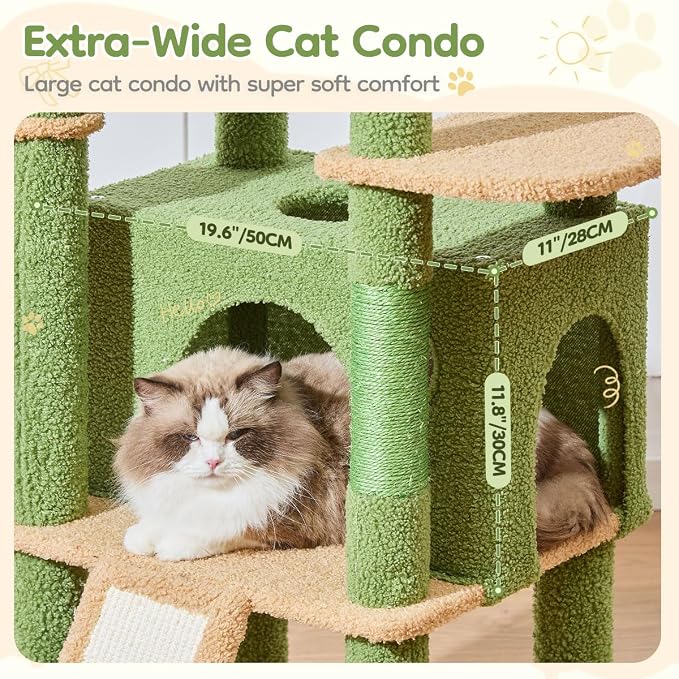 Taoqimiao 72 Inches Cat Tree for Large Cats, Multi-Level Tall Cat Tower, Widened Cat Condo with Large Scratch Board, 5 Scratching Posts, Metal Hammcock, Cozy Basket, Cactus, MS045T