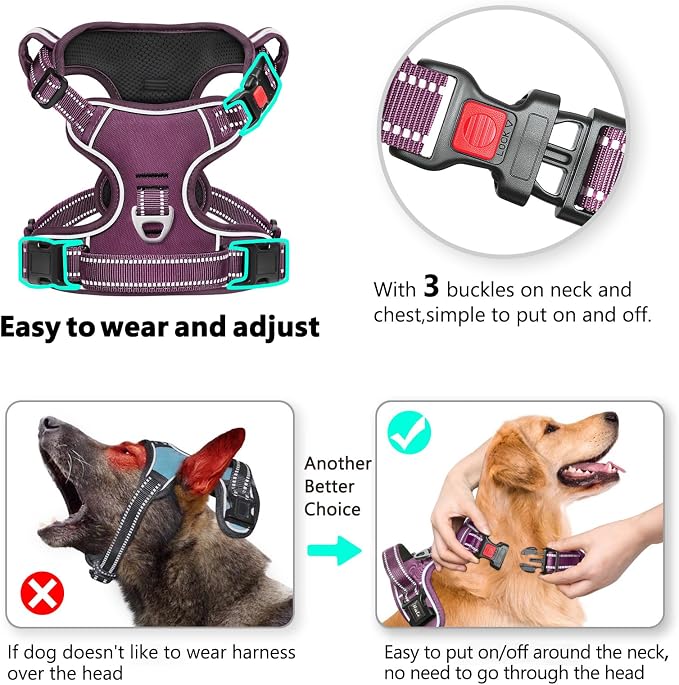 Timos Dog Harness Medium Sized, No Pull Pet Harness with Neck Lockable Snap, No Choke Front Clip Reflective Vest, Adjustable Metal Rings 3 Buckles, Easy Control Handle for Medium Dogs Grape Purple M