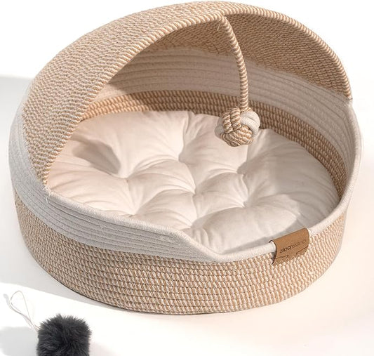 CHEERPALS Cat Basket Bed with Washable Cushion and Ball Rope Cotton, Covered Pet Bed for Indoor Cats Cave Bed Hooded, Stimulicat Cat Bed Handwoven Breathable, All Season Universal(White)