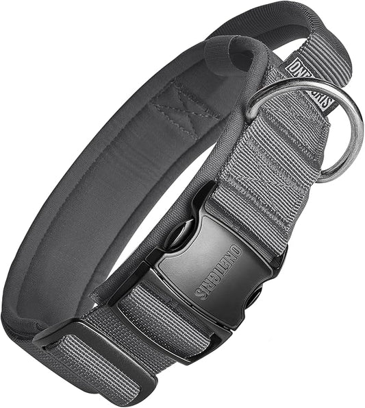 OneTigris Tough Dog Collars, Tactical Dog Collar with Handle, Milltary Adjustable Dog Collar with Heavy Duty Metal Buckle for Training (Medium,Gray)
