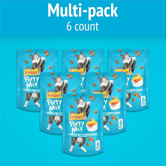 Purina Friskies Cat Treats, Party Mix Lobster & Mac 'N' Cheese Flavors - (Pack of 6) 6 oz. Pouches
