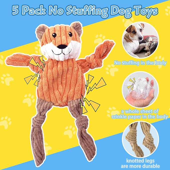 MRSOHRET 5 Pack Dog Toys Squeaky, Tough Stuffed Plush Puppy Chew Toys for Teething, Durable Plush Dog Toy for Large Medium Small Breed to Keep Them Busy, No Stuffing Crinkle Dog Toys