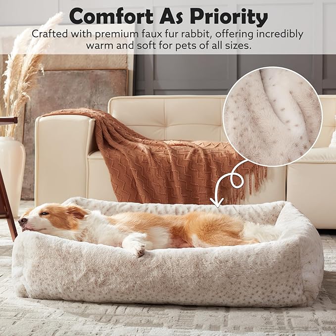 JOEJOY Dog Bed Medium Size Dog, Removable Washable Cover Orthopedic Soft Pet Bed, Anti-Slip Fluffy Plush Faux Rabbit Fur Puppy Bed, 30"x24"x8", Leopard Print, Beige