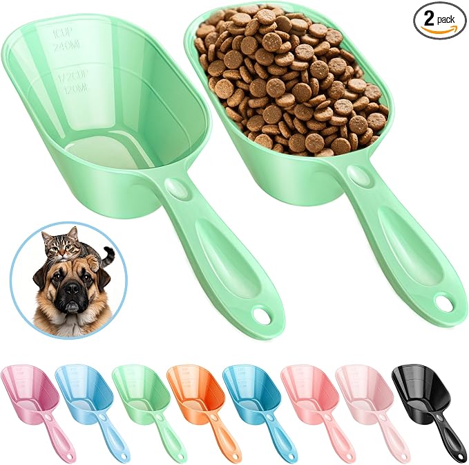 Dog Food Scoop 2 Pack, Pet Cup Capacity Cat Food Scooper With Measuring Lines For Dog, Puppy and Cat Coffee Bean, Flour Scoop Light Green