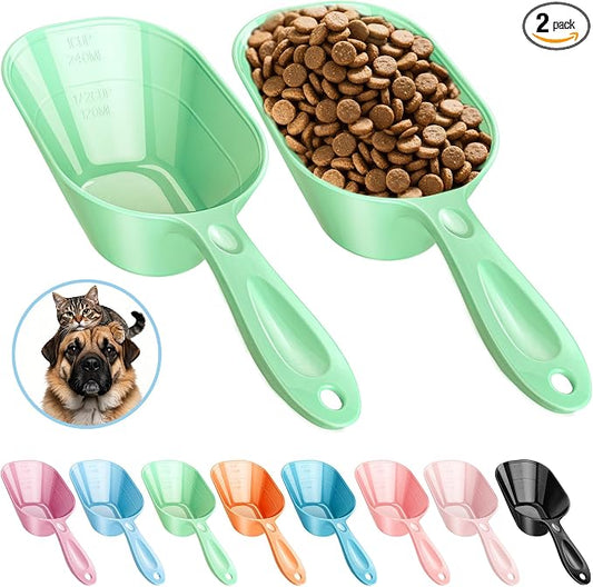 Dog Food Scoop 2 Pack, Pet Cup Capacity Cat Food Scooper With Measuring Lines For Dog, Puppy and Cat Coffee Bean, Flour Scoop Light Green