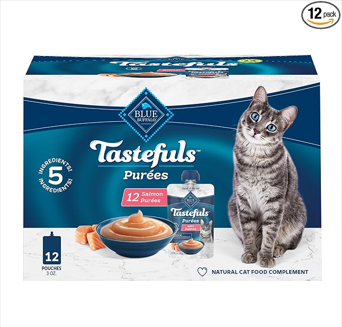 Blue Buffalo Tastefuls Purées with Salmon, Natural Cat Food Complement, Resealable Twist Cap Pouches, 3-oz. (12 Count)
