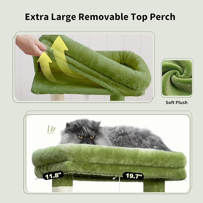 Gitelsnour Cat Tree, Cat Tower for Large Cats with 2 Big Platforms, 2 Baskets, condo and Toys, 63" Cat Scratching Posts for Indoor Cats, Green GCT020GR