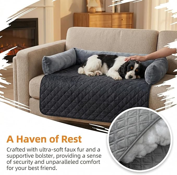 Calming Dog Bed for Couch, Non-Slip Durable Suede Dog Sofa Mat,Removable Washable Couch Dog Bed for Furniture Protector, Perfect for Small, Medium Dogs and Cats (Black and Gray, 30 x 30 inch)