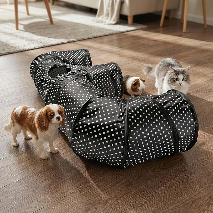 E-Shaped Cat Tunnel, 3-Way Interactive Triple Tube Toy for Indoor Cats, Collapsible Pet Play Maze with Peek-a-Boo Holes, Durable Hideout for Kittens, Puppies, Bunnies & Small Animals (E)