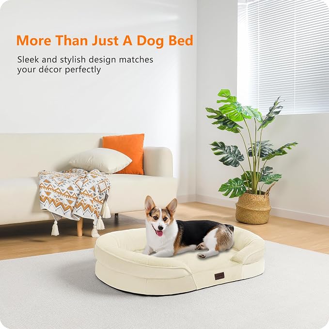 Dwanton Orthopedic Dog Bed for Medium Dogs with Gel Memory Foam, Waterproof Dog Sofa, Washable Pet Bed with Four Sided Bolster Cushion, Removable Cover & Non-Slip Bottom, 36", Beige