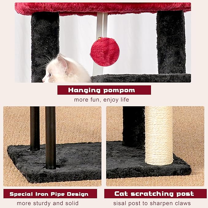 Gitelsnour Cat Tree, Cat Tower for Indoor Cats, 43.3 inch Gothic Cat Tree Tower with Sturdy Steel Tube, Hammock, Cat Condo for Small Cats and Kittens, Scratching Post, Black and red GCT004SBR
