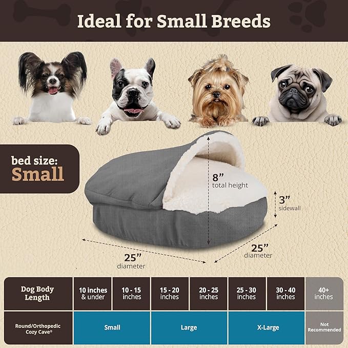 Snoozer Cozy Cave Dog Bed - Indoor Dog Bed with Cover Cave, Covered Calming Burrow for Small Sized Pets with Blanket Attached, Enclosed, Removable Washable Cover - Small, Heather Gray