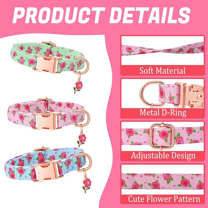 3 Pack Floral Dog Collars for Small Dogs Rose Flower Dog Collars with Pendant for Girl Female Dogs Cute Puppy Pet Collar