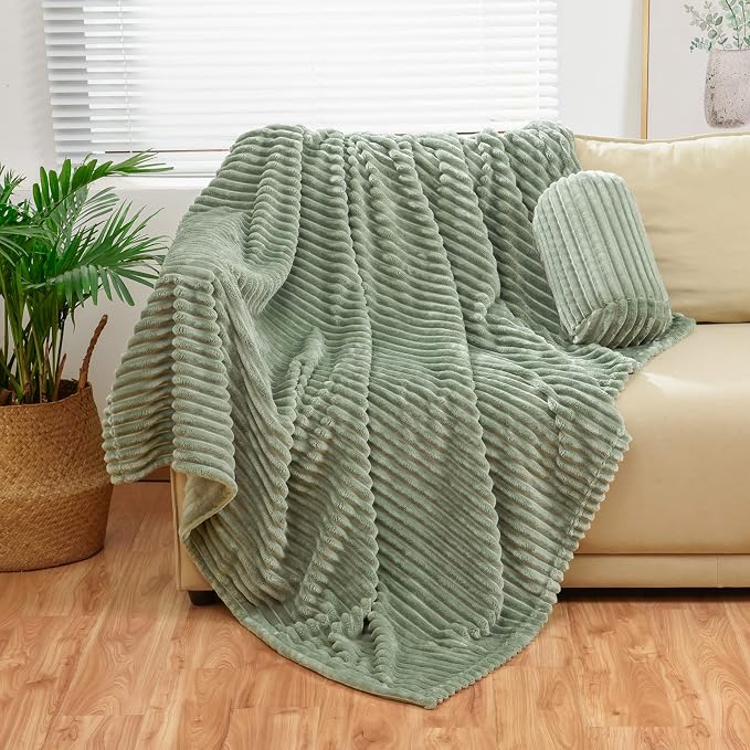 Bnuitland Sage Green Fleece Throw Blanket 90"x90",300GSM Soft Cozy Warm Lightweight Stripe Pattern for Bed Sofa Home Decor,Suitable for Adults Family All Season