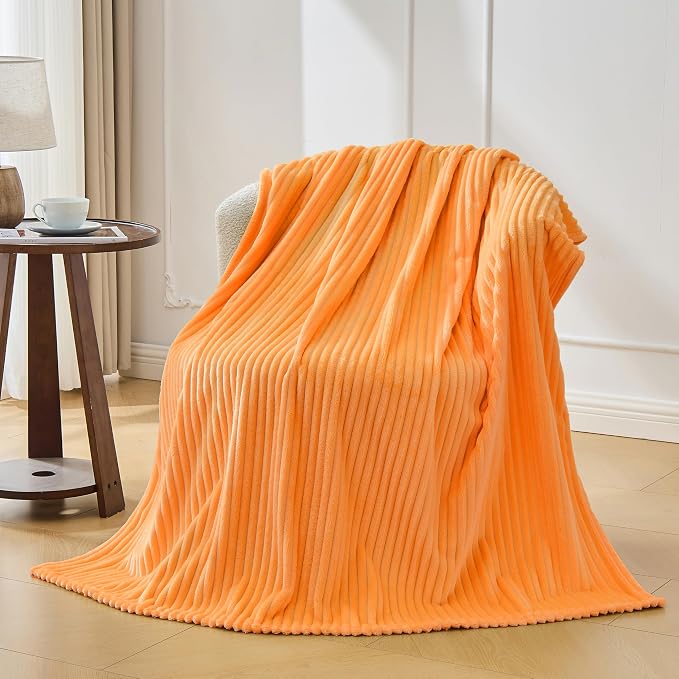 Bnuitland Fleece Throw Blanket for Couch, 300GSM Soft Warm Cozy Fluffy Throw for Adults & Kids, Stripe Pattern, All Season Sofa Bed Blanket for Home Decor, Light Orange 50"x60"